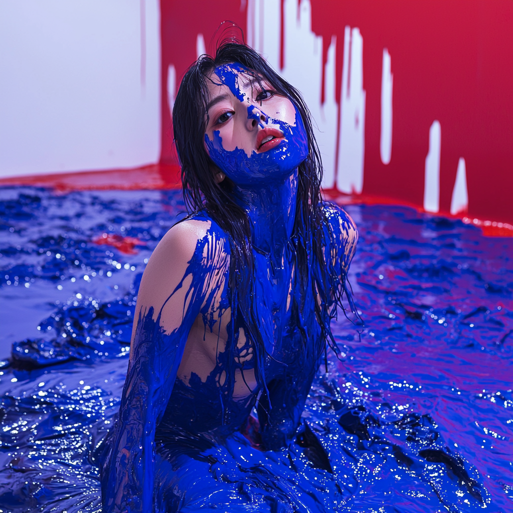 Artistic photoshoot of Chinese model in Klein blue liquid.