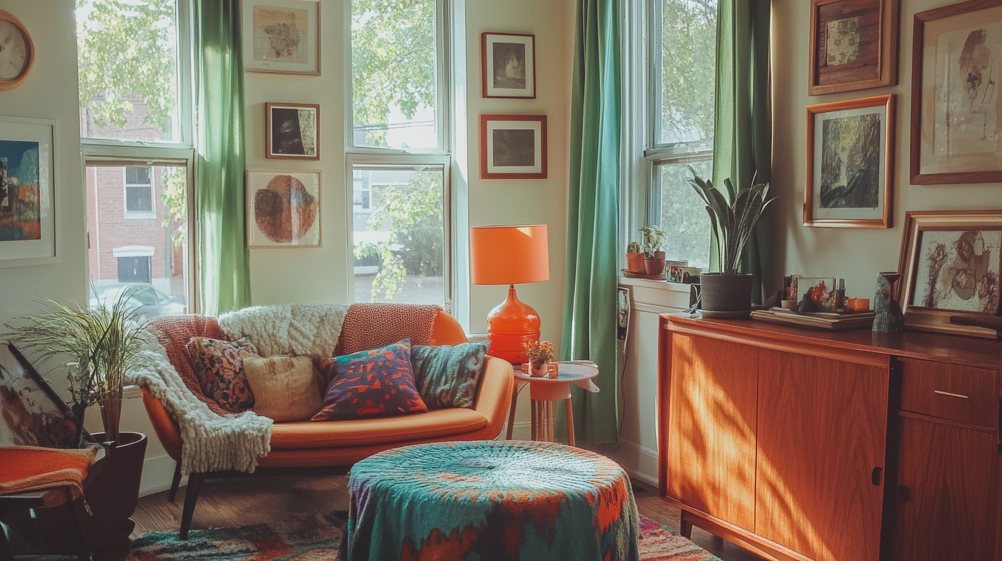 Artsy mid-century modern living room with bright colors.