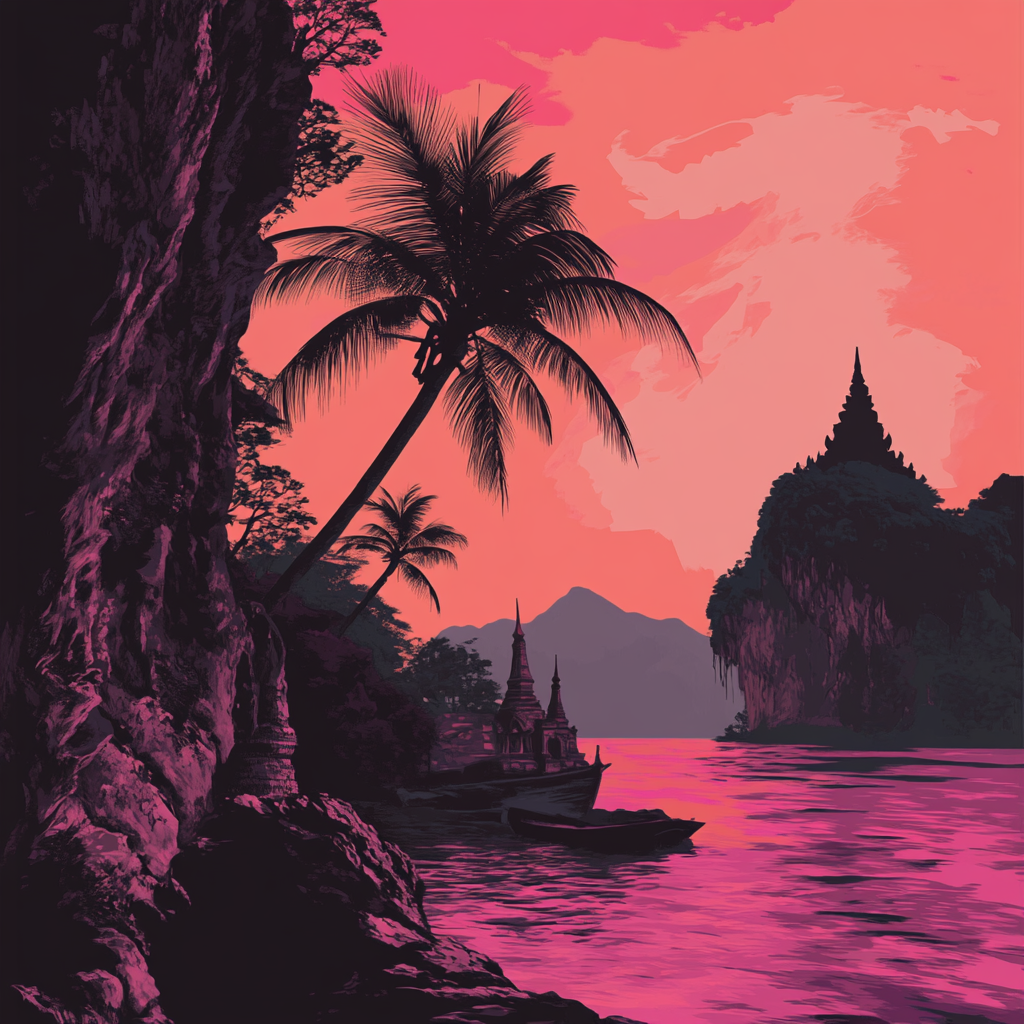 Artwork inspired by Thai landscape and monuments, retro style.