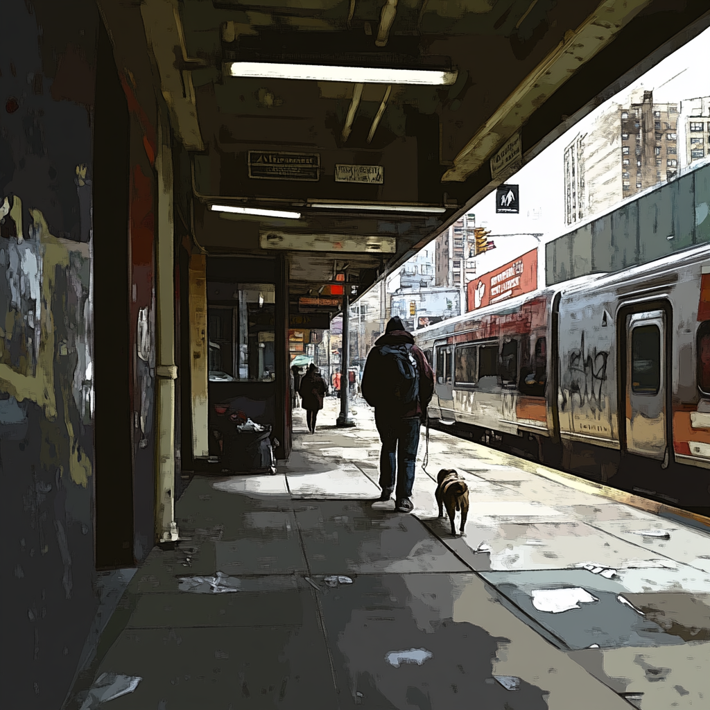 Artwork of GTA 5, sidewalk POV, pedestrian, homeless beggar.