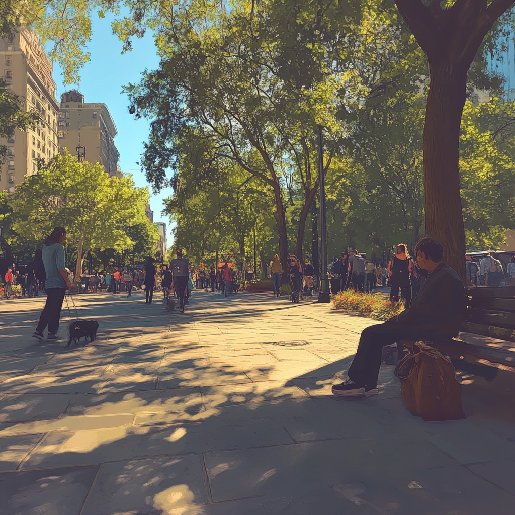 Artwork of Rockstar Games showcasing GTA 5 in cel-shading style from the POV of a sidewalk in Washington Square Park.