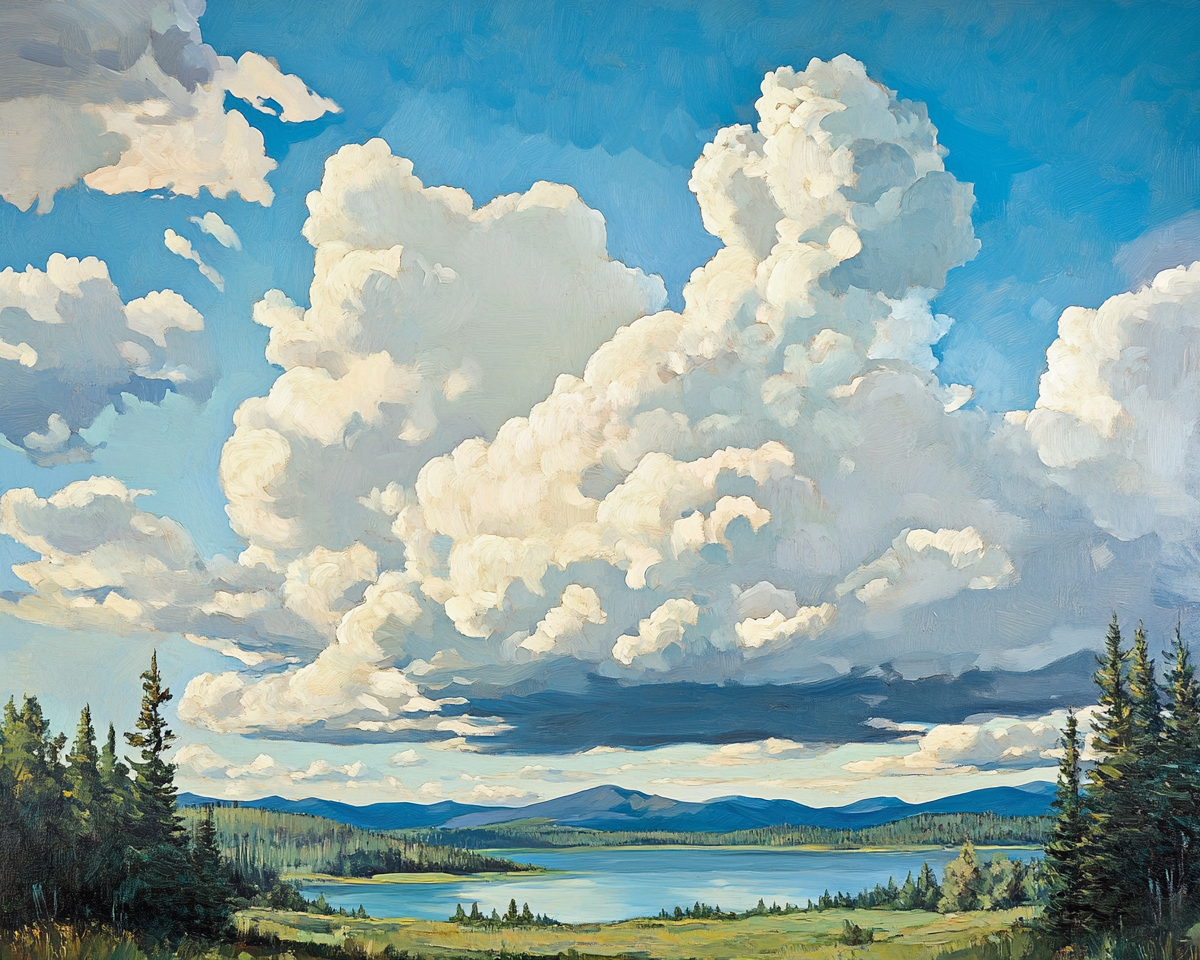 Artwork with impressive clouds, low horizon, distant mountains.