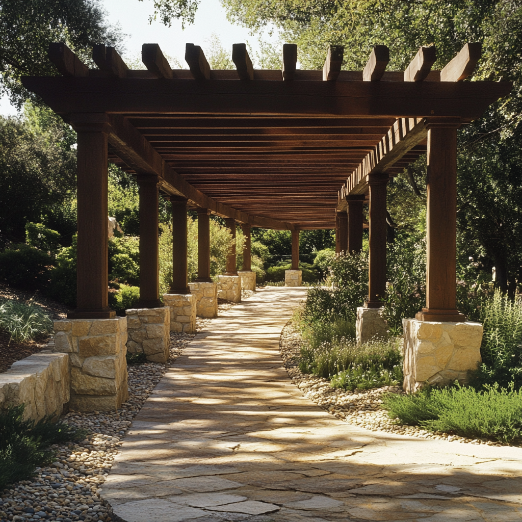 Ascending wooden beam pergola roof with stair-step design.