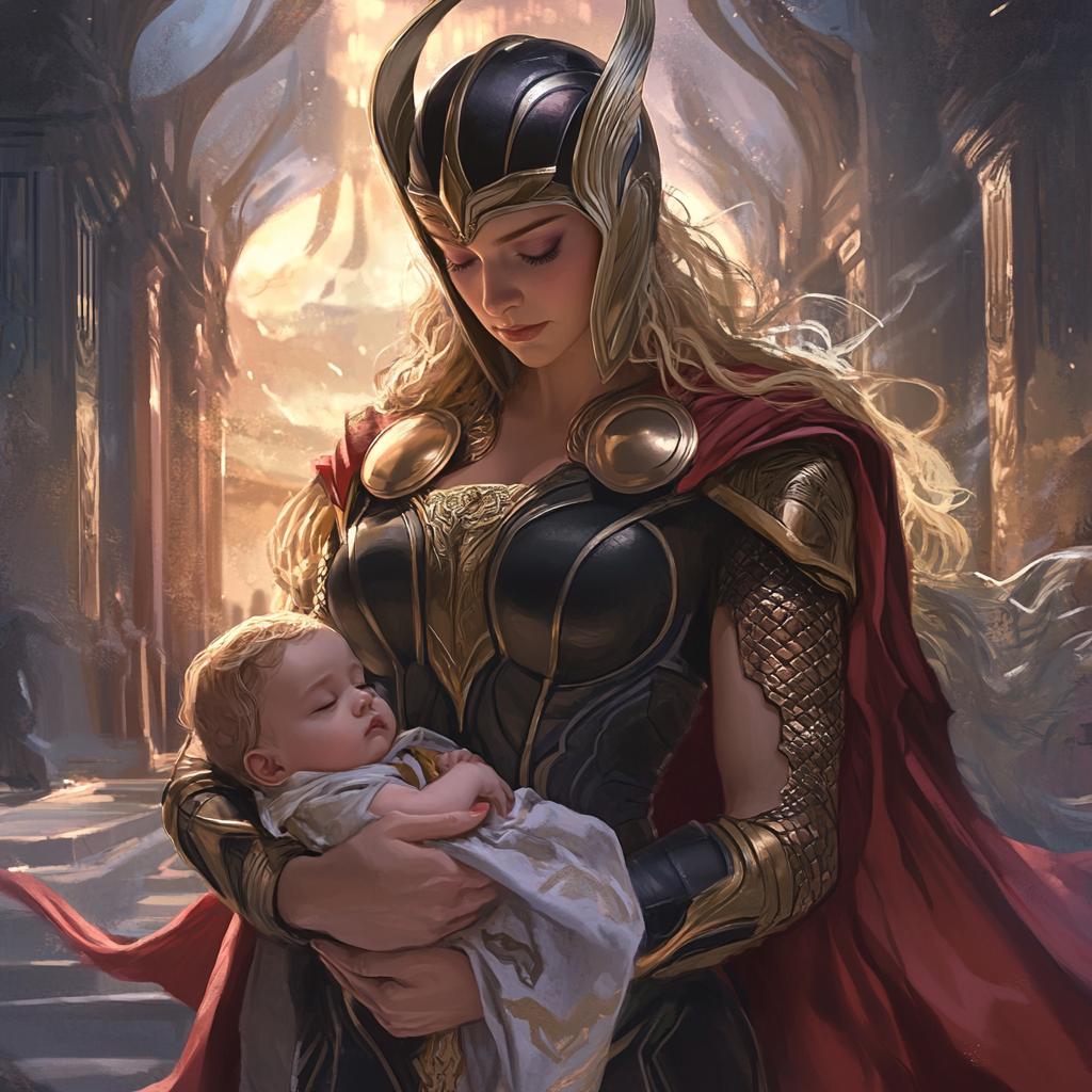 Asgardian mother with magical baby, holding Mjölnir. Twilight setting.