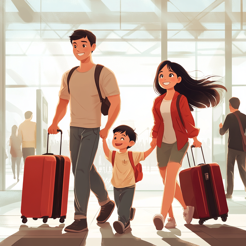 Asian Family Traveling at Busy Airport Gate