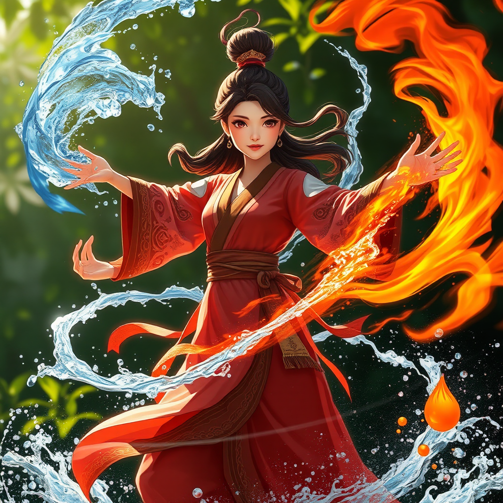 Asian Girl Commands Water and Fire Elements