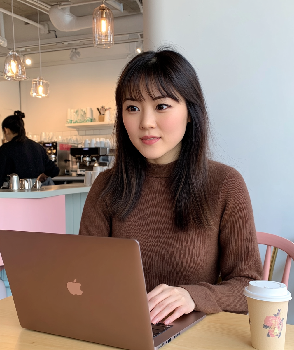 Asian Woman Working in Cafe with Laptop