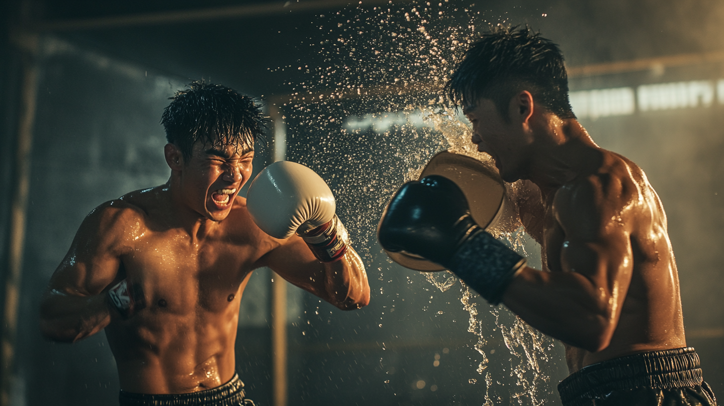 Asian boxers fight happily in moody scene, realistic photo.