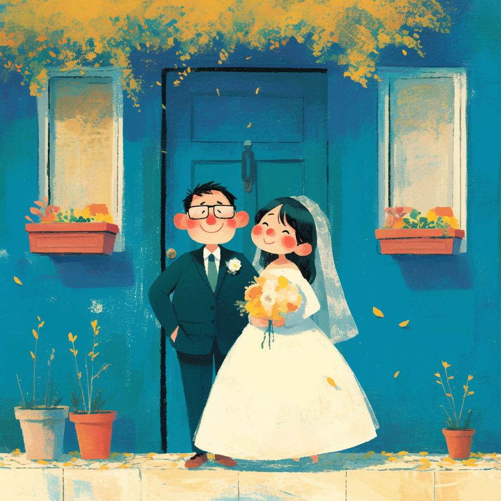 Asian bride and groom in glasses, smiling at door.