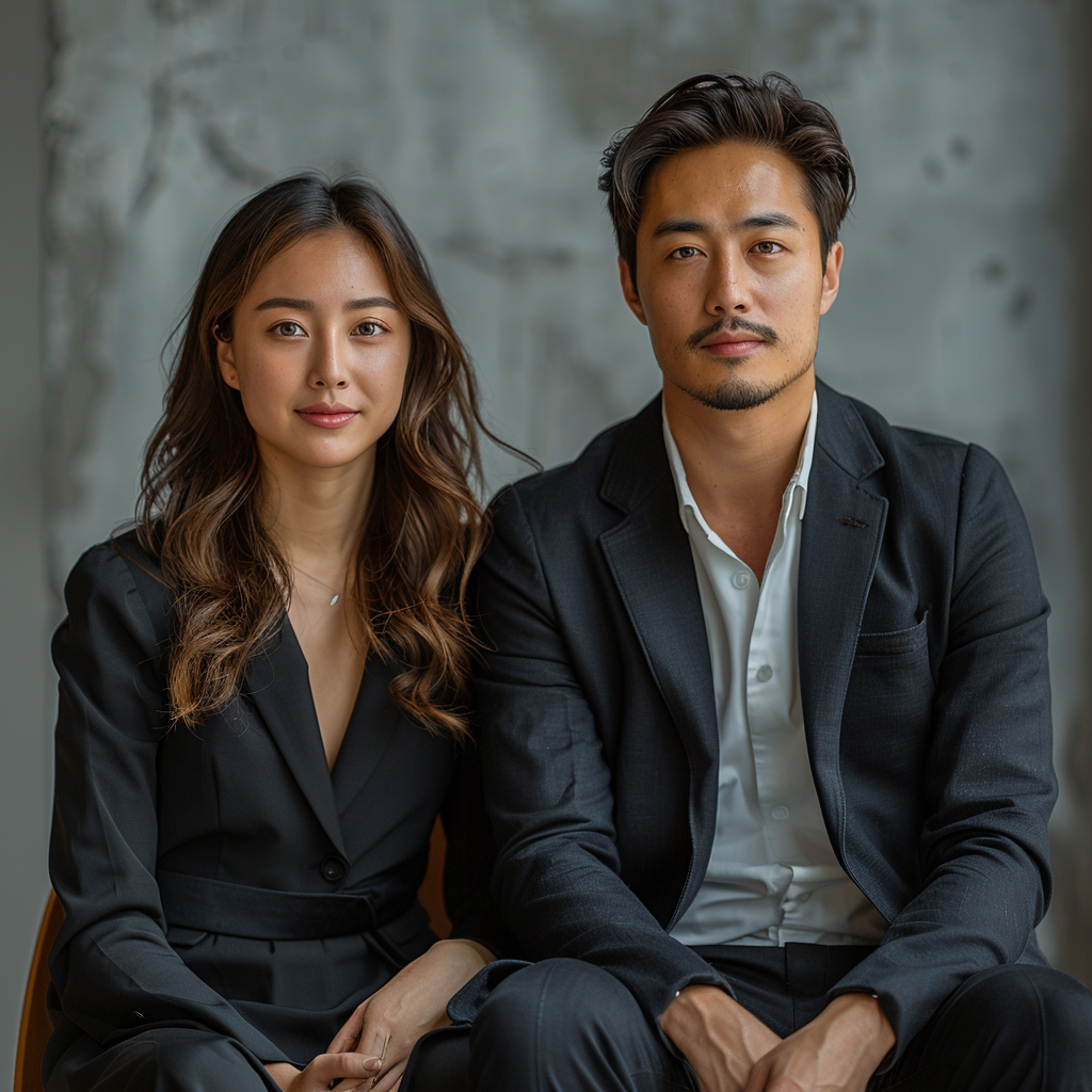 Asian couple in black suits smiling on chair, 4k raw photo