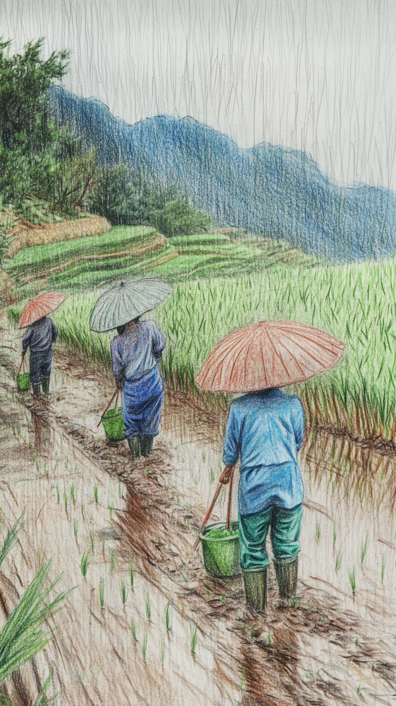 Asian farmers cultivating rice in green, rainy fields. Hardworking and rewarded.