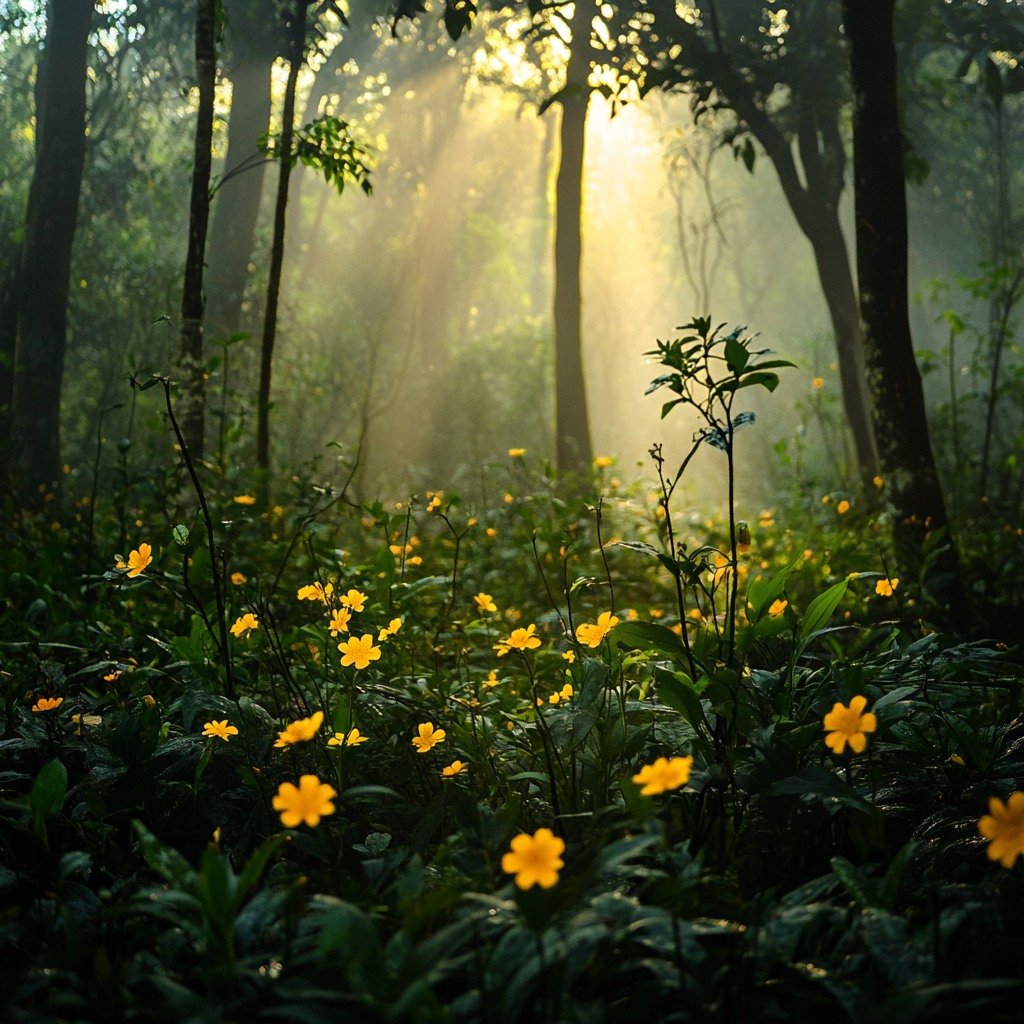 Asian forest photos: moist, wild flowers, big trees, detailed.