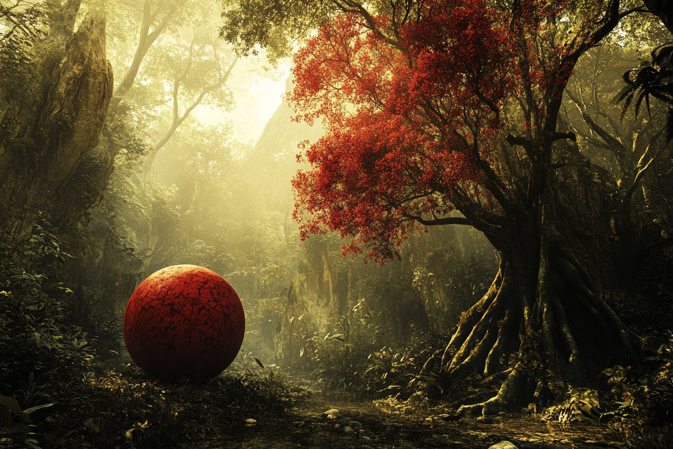 Asian forest with red ball tree, golden light background.