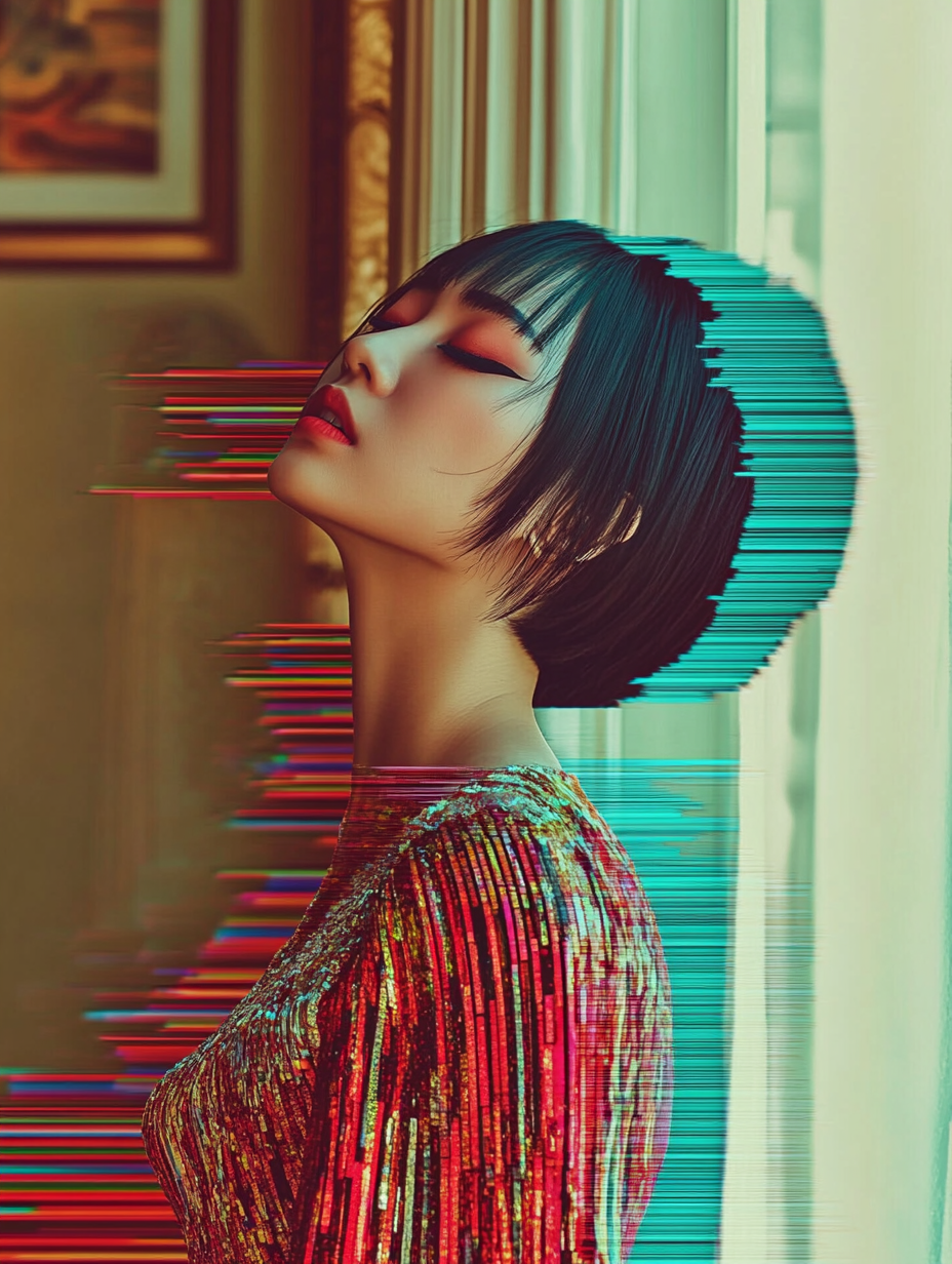 Asian girl, glitch art, Beeple style, retro-futuristic collage.