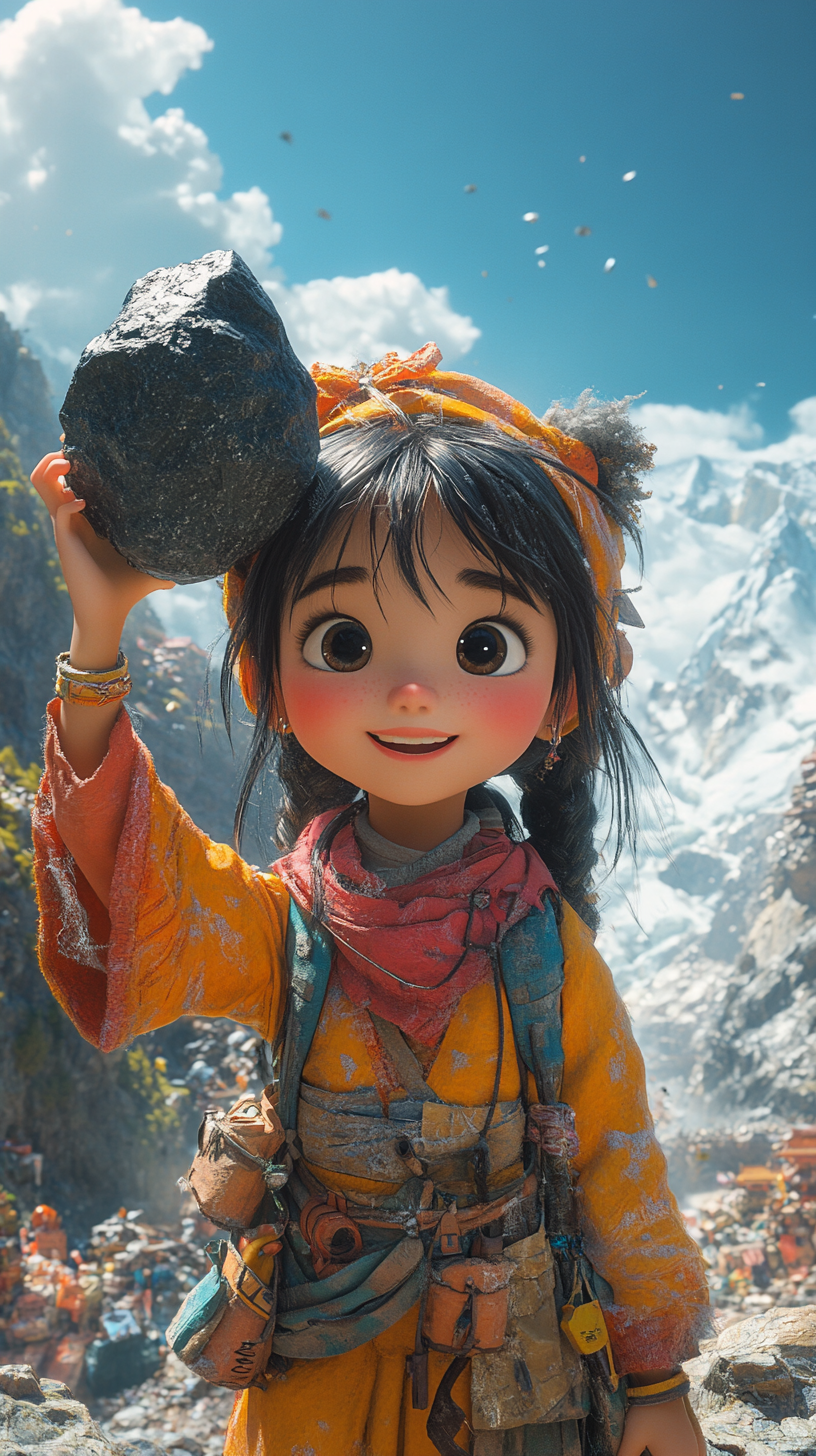 Asian girl finds magical black rock in mountains