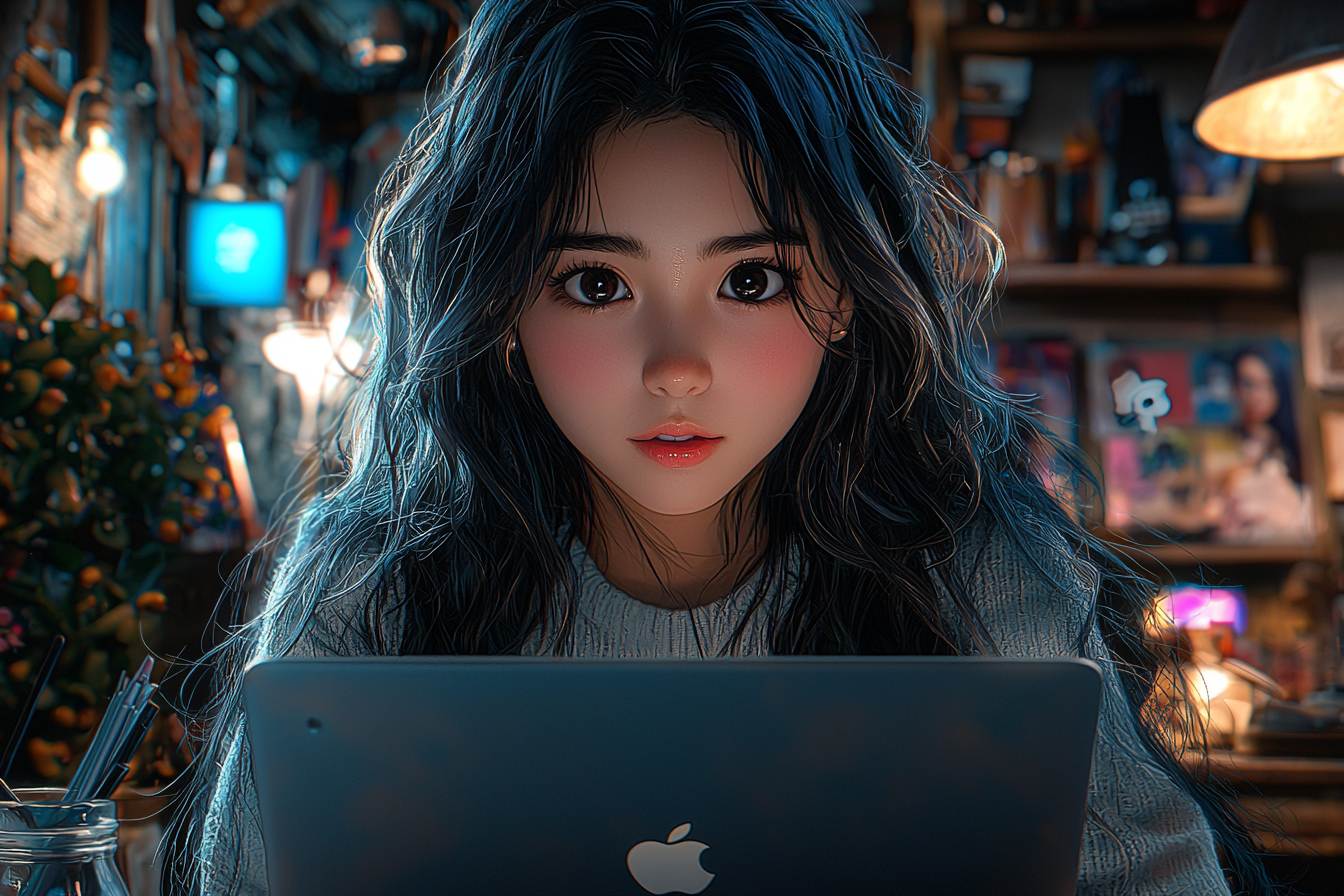 Asian girl in cafe looking at laptop with vibrant colors.