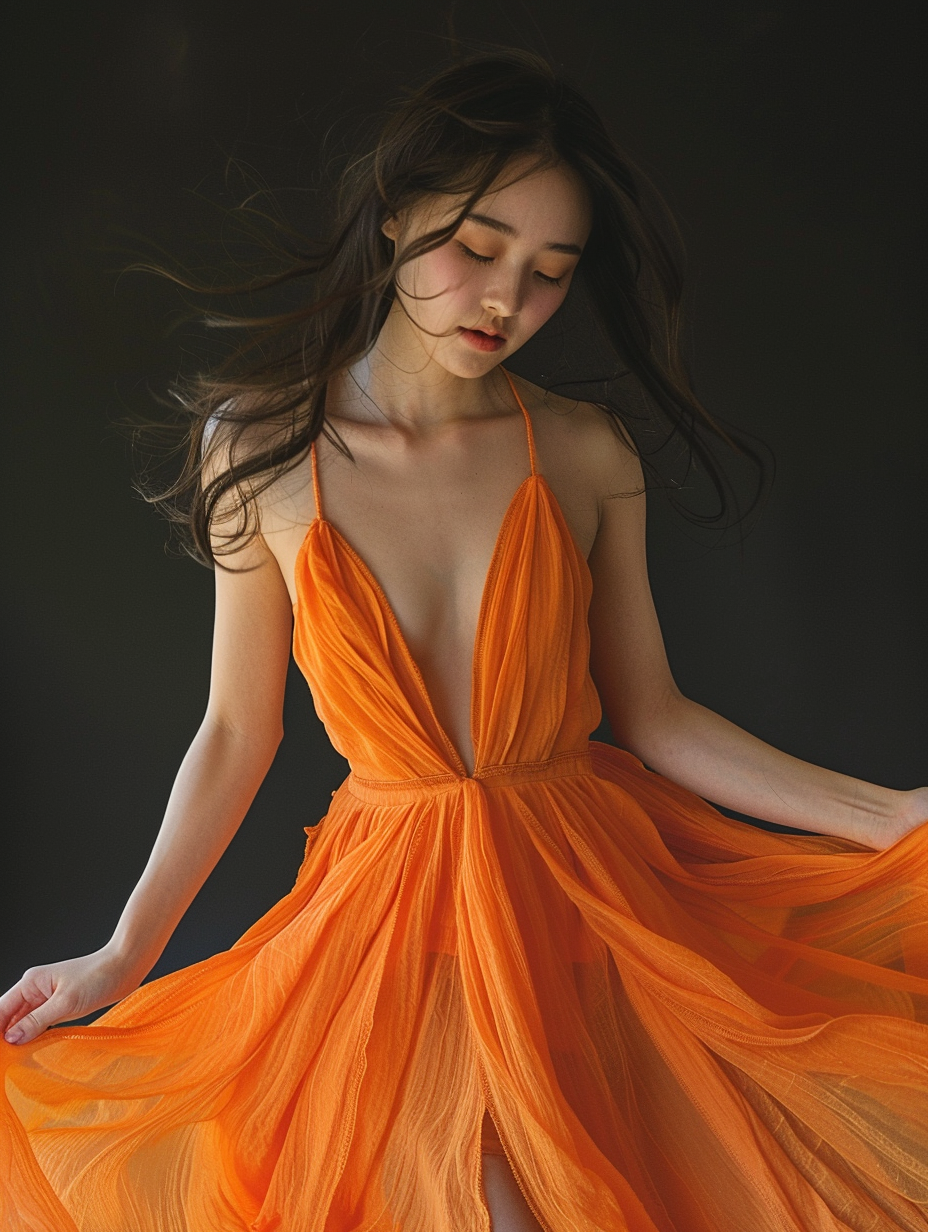 Asian girl in orange dress dancing studio photoshoot 4k