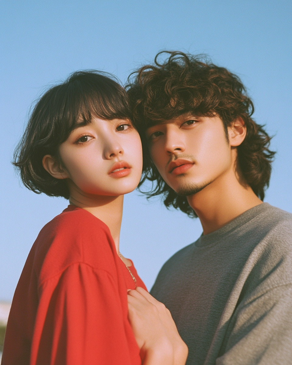 Asian girl in red holding boyfriend's shoulder, Tarkovsky style.