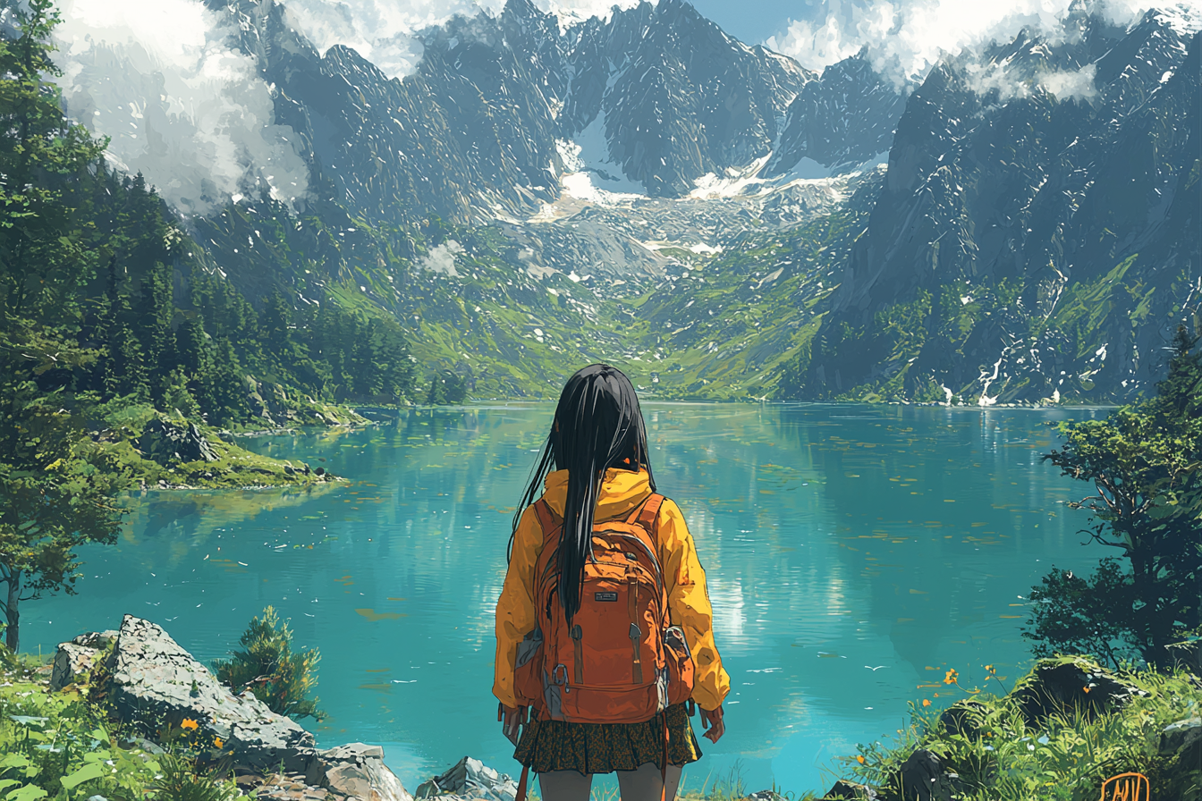 Asian girl in yellow jacket stands by teal lake.