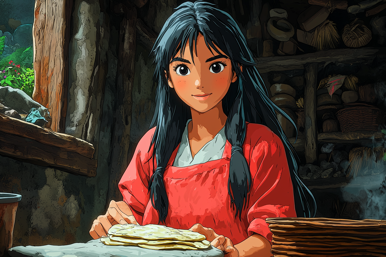 Asian girl learns to make tortillas from grandma.