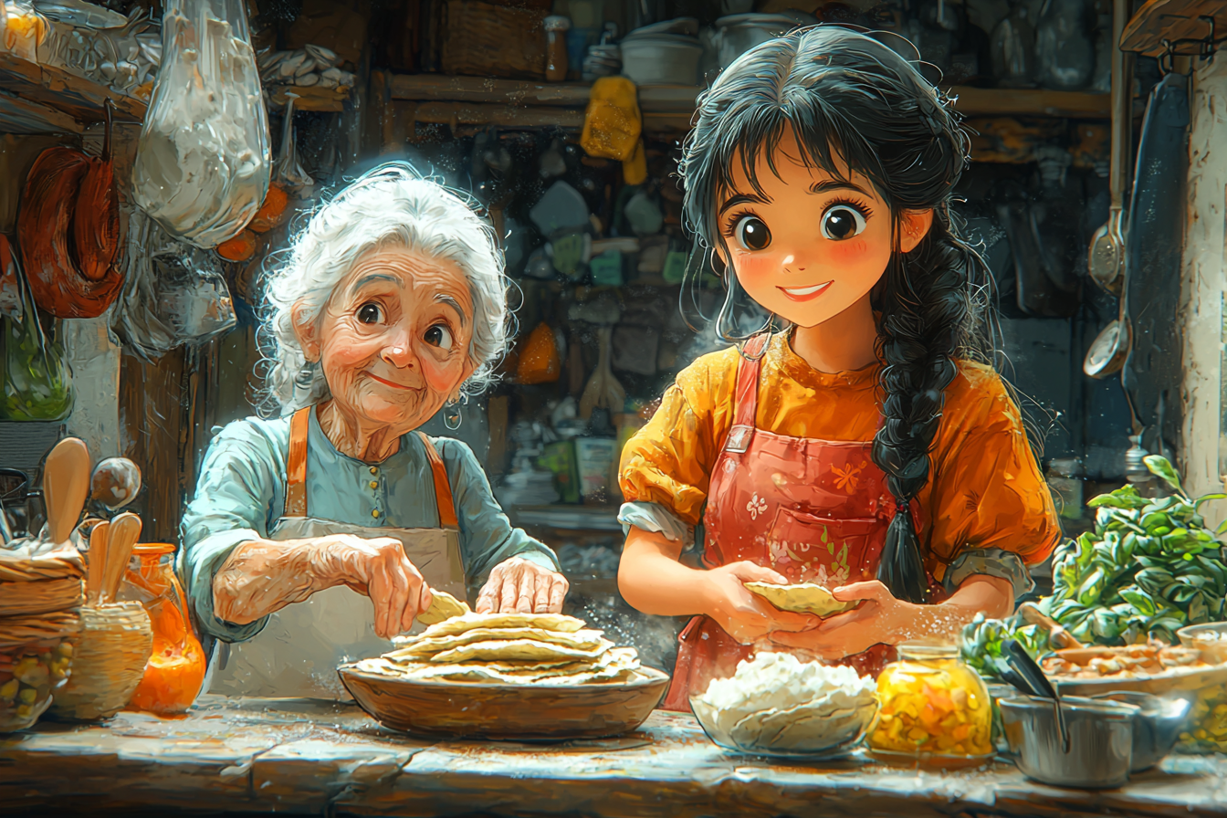 Asian girl makes tortillas with Spanish grandmas, animated beautifully.