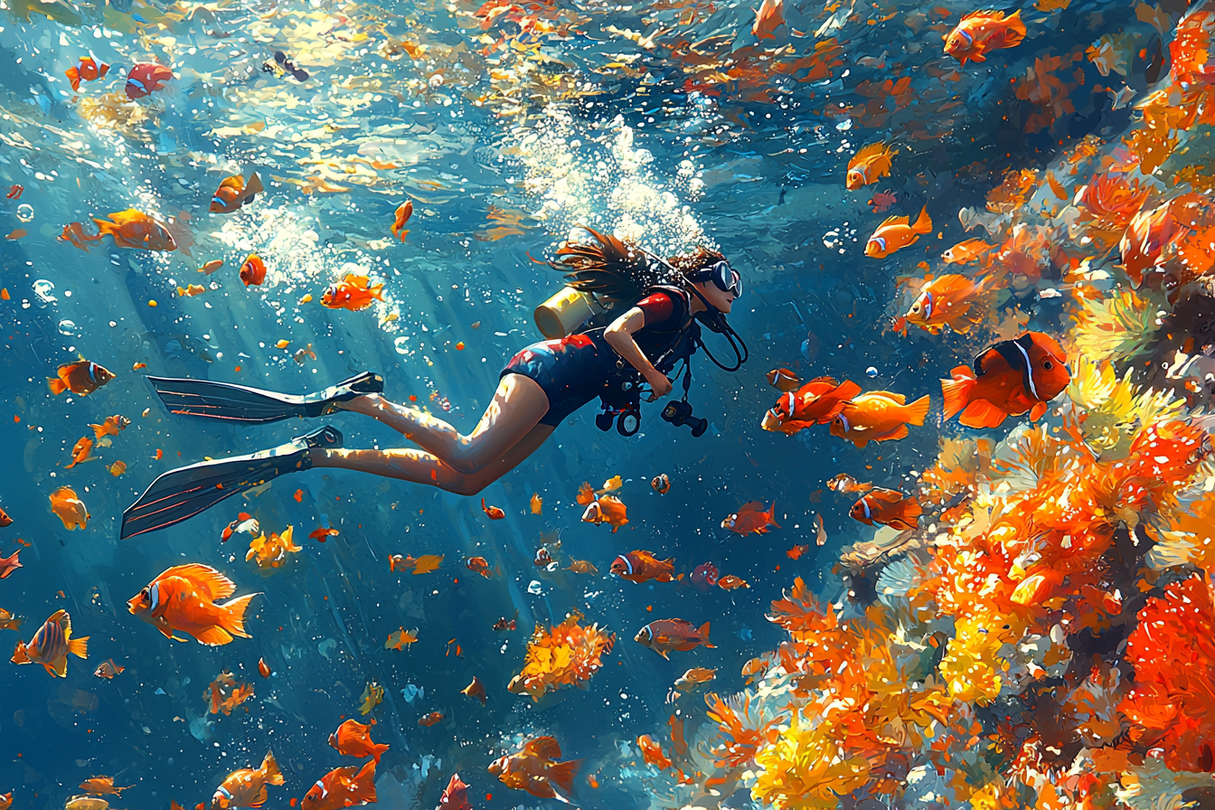 Asian girl scuba diving surrounded by colorful fish.