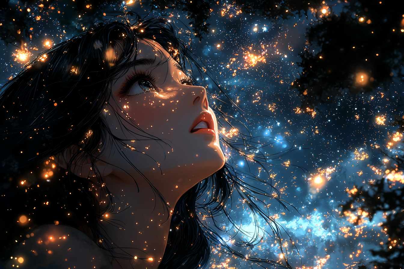 Asian girl with black hair staring at night sky.