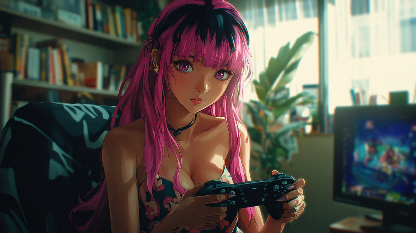 Asian girl with pink highlights plays video games.