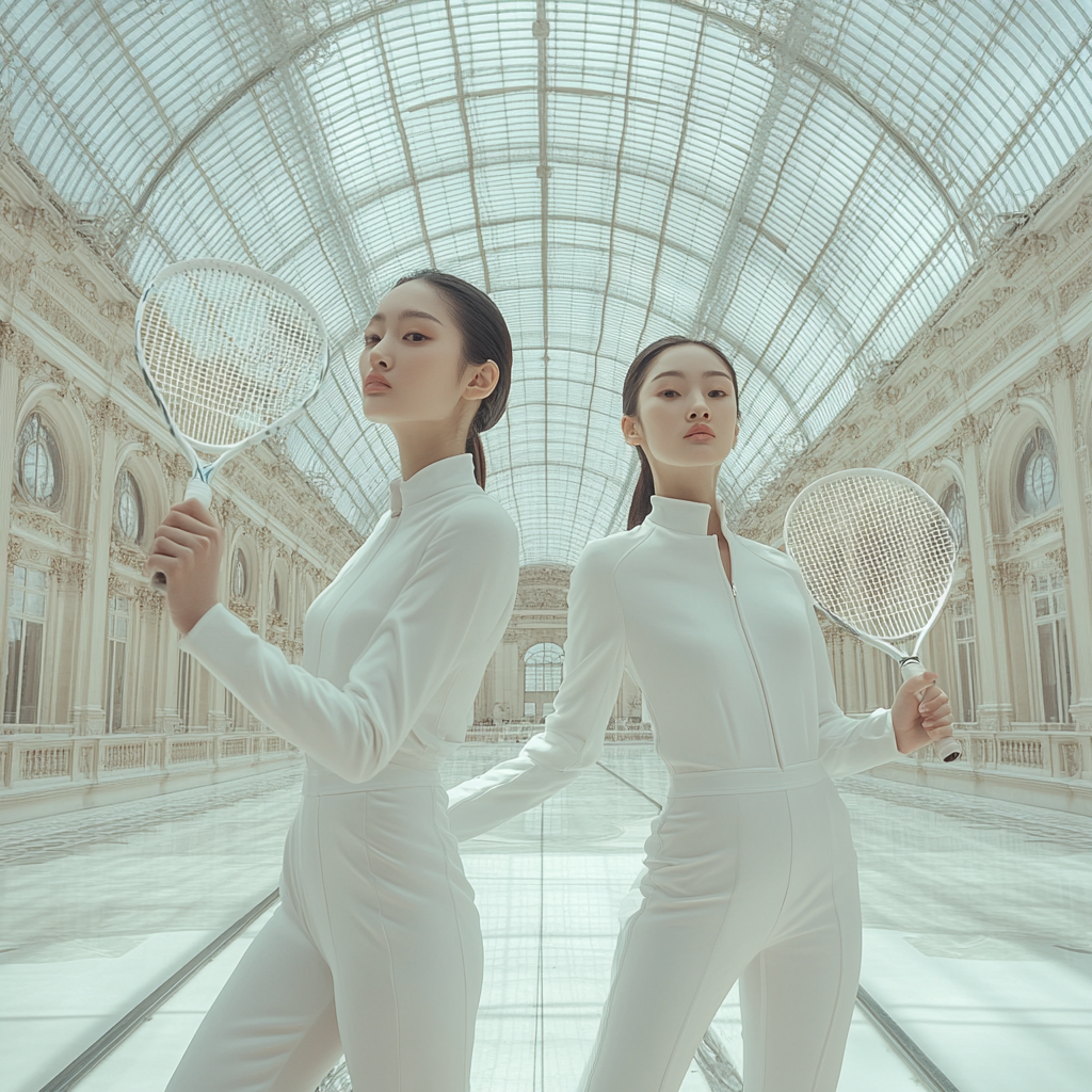 Asian girls wear white Hermes athleisure, duel in Paris.