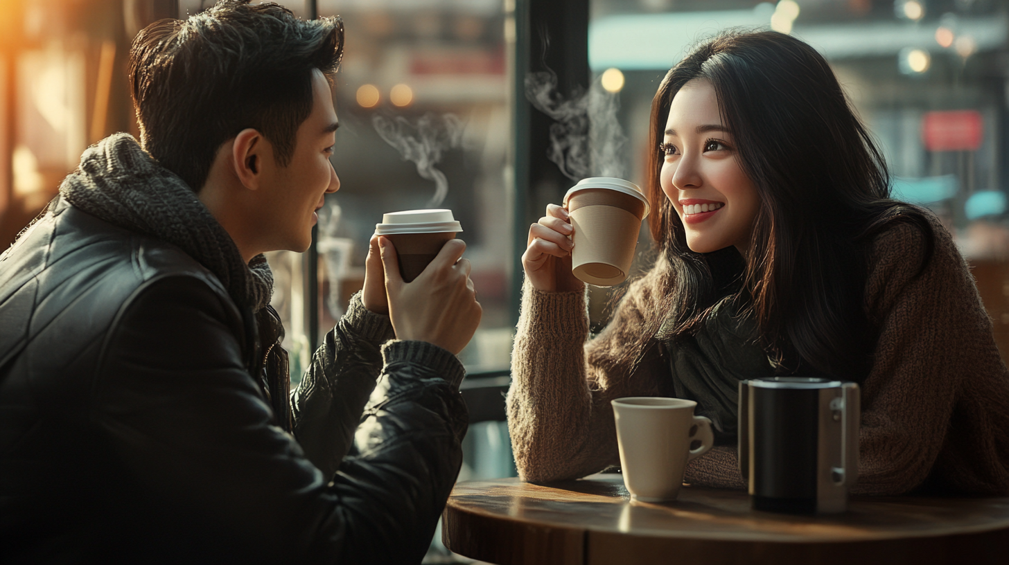 Asian man and woman smiling in coffee shop.