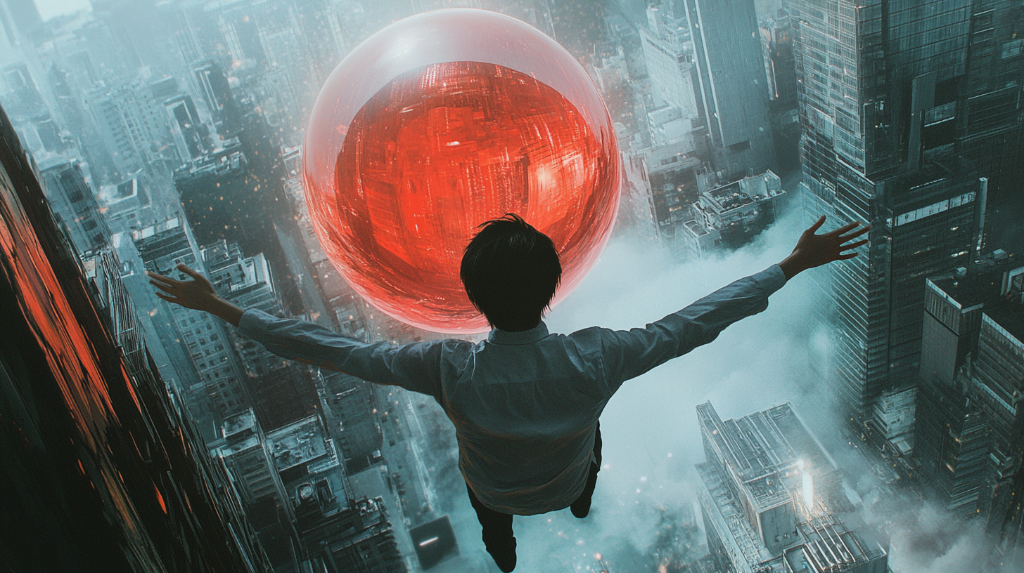 Asian man flying through city with red glass ball