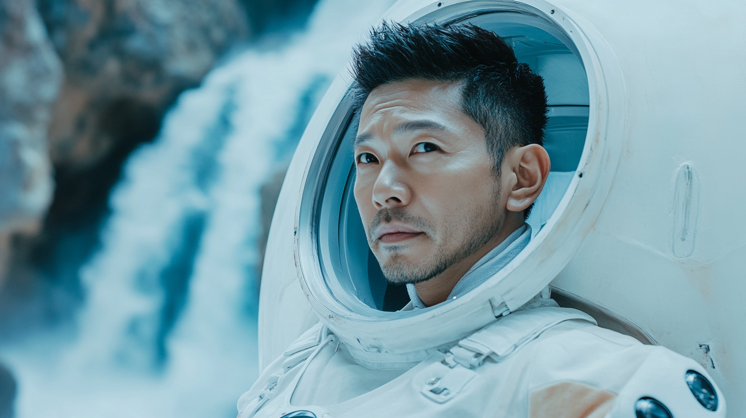 Asian man in 40s in space suit, mountains view.