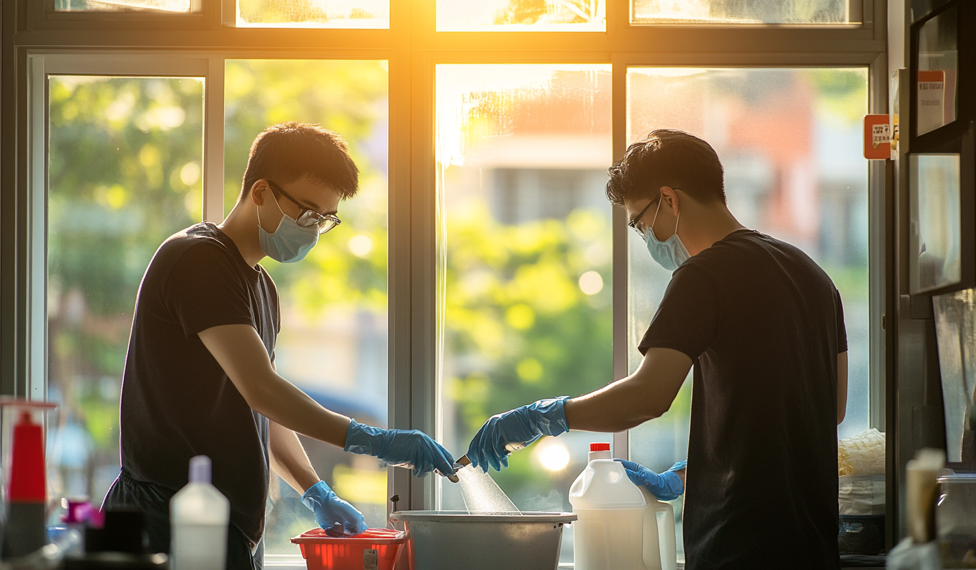 Asian men cleaning windows in bright, organized environment.