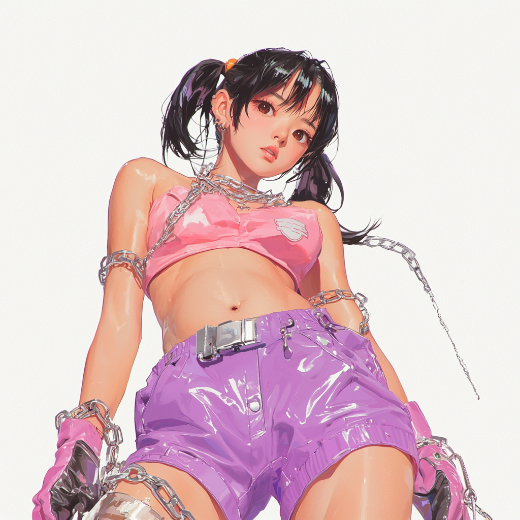 Asian punk girl with metal chain necklace, silver leg chains.