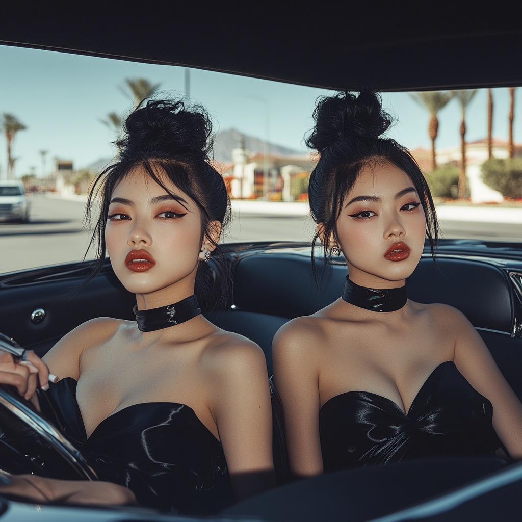 Asian twins in black silk dresses driving sports car