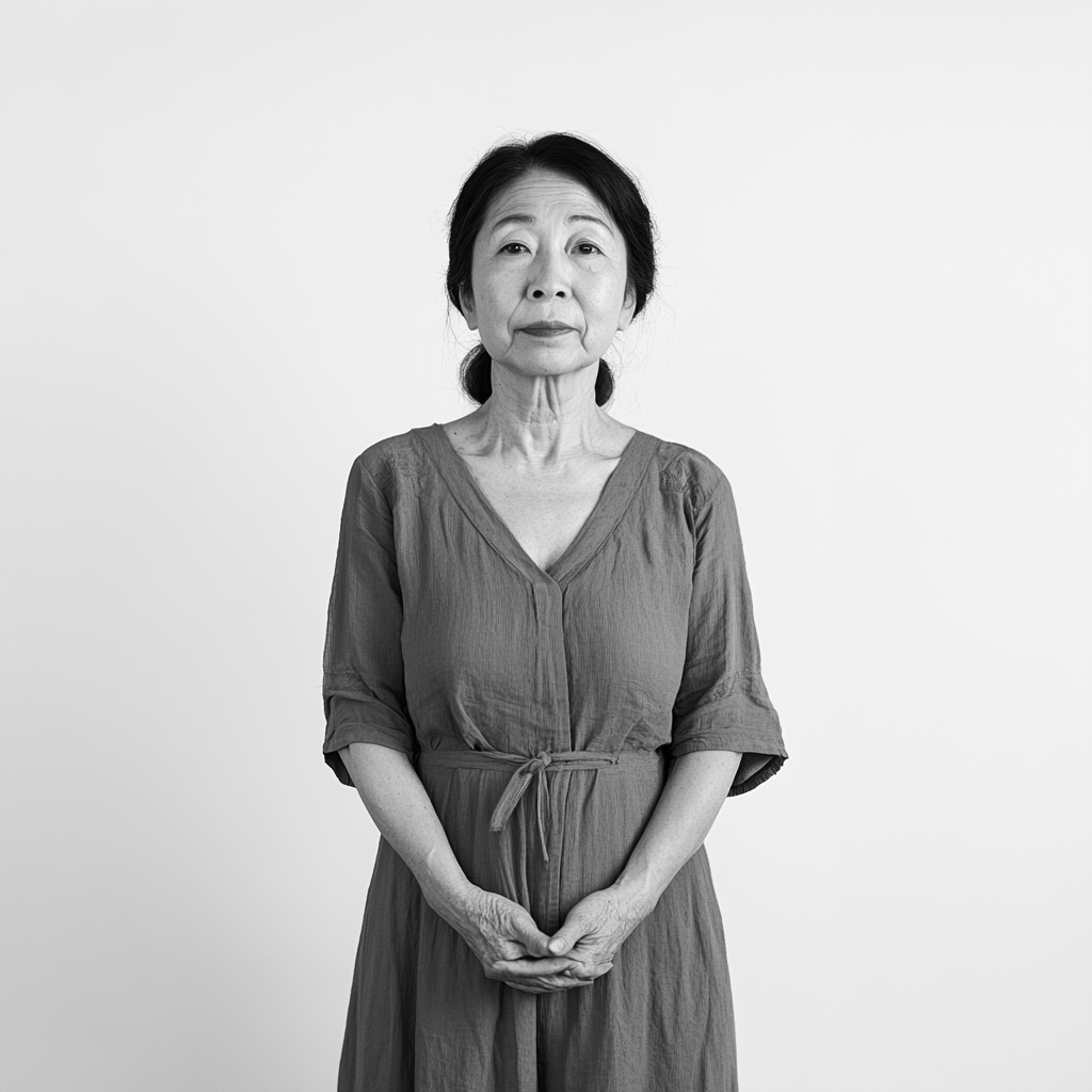 Asian woman, 59, confident, hopeful, standing on white background