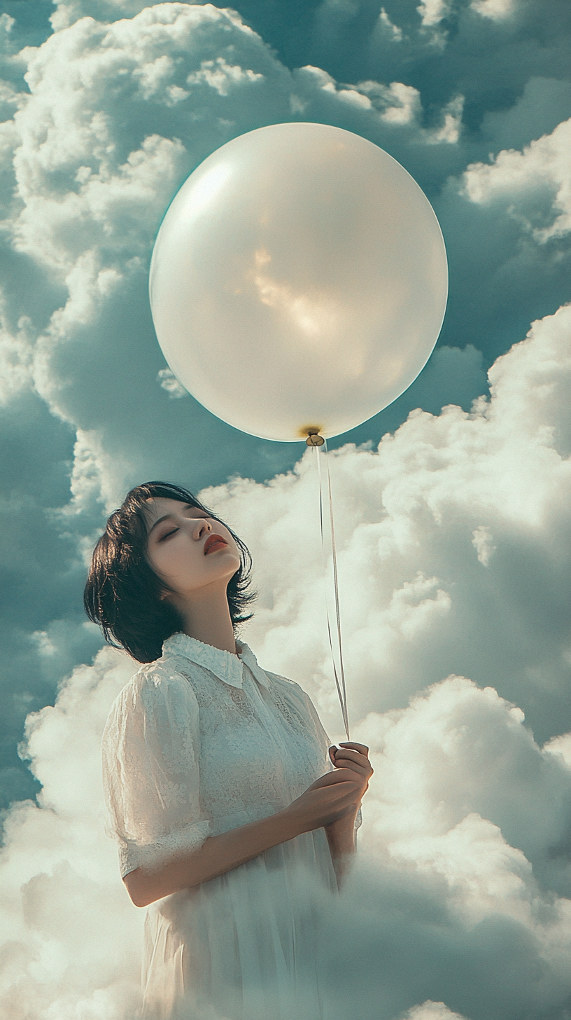 Asian woman, black hair, clouds, balloon, National Geographic style.