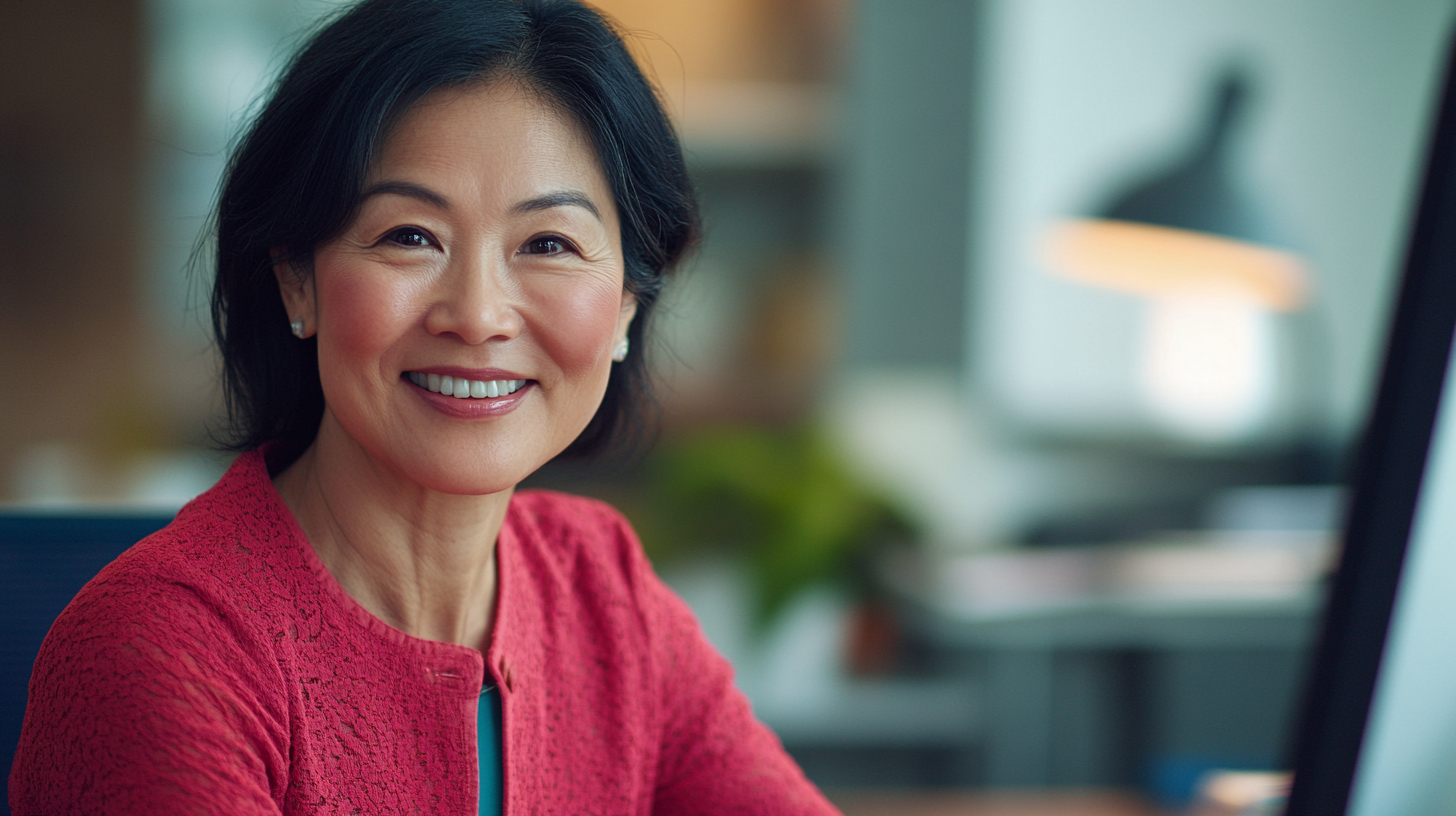 Asian woman (40) smiling in virtual meeting collaboration with DSLR camera, warm lighting.