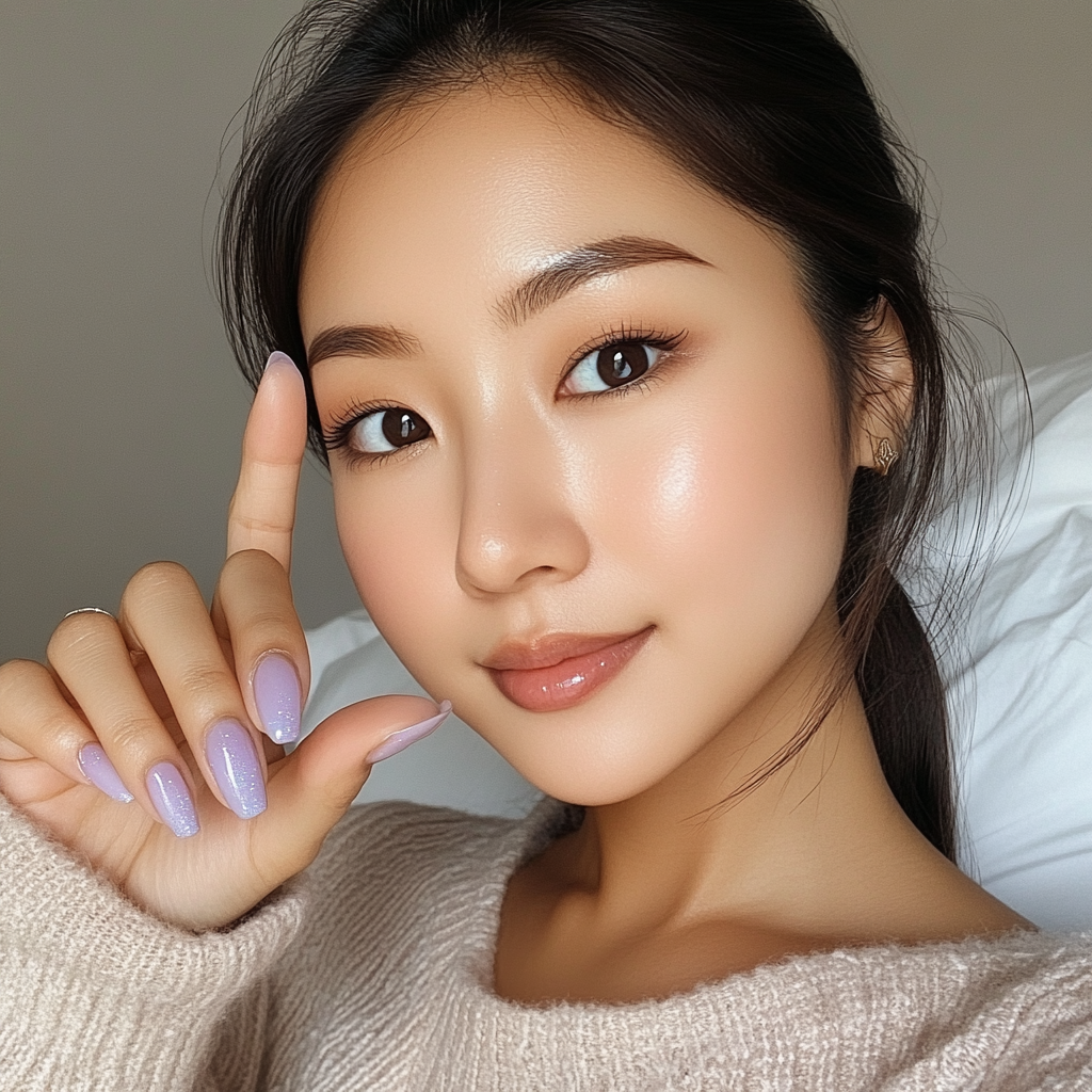 Asian woman in beige top showing lavender nails.