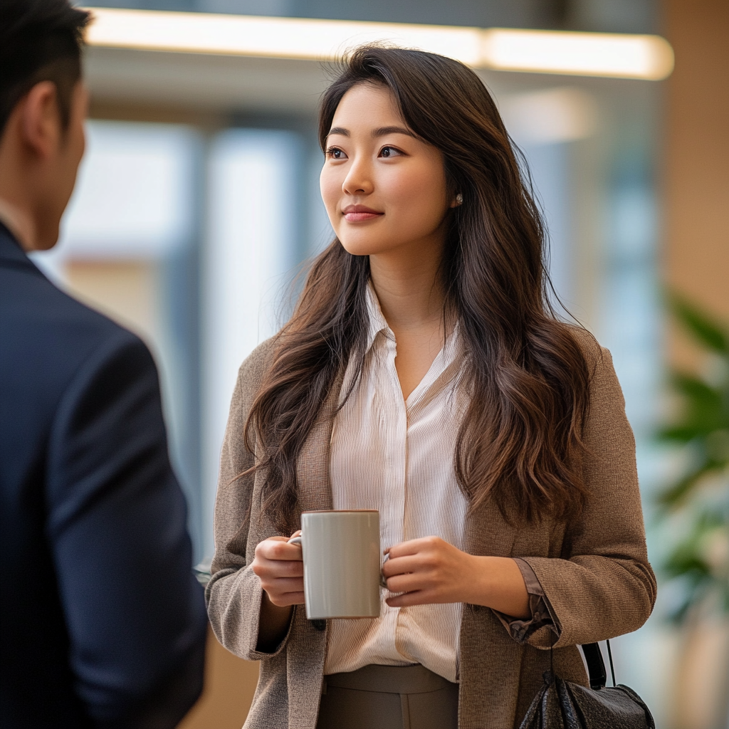 Asian woman in office listening with coffee mug