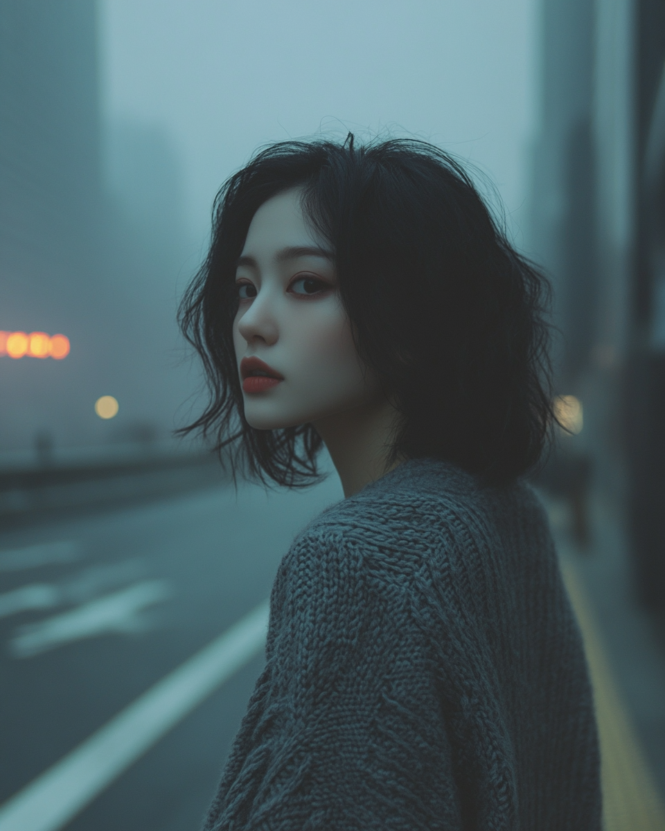 Asian woman in oversized sweater with hyperrealistic eyes.