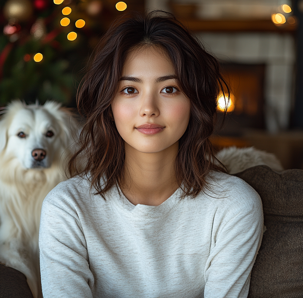 Asian woman in white shirt smiling in living room.