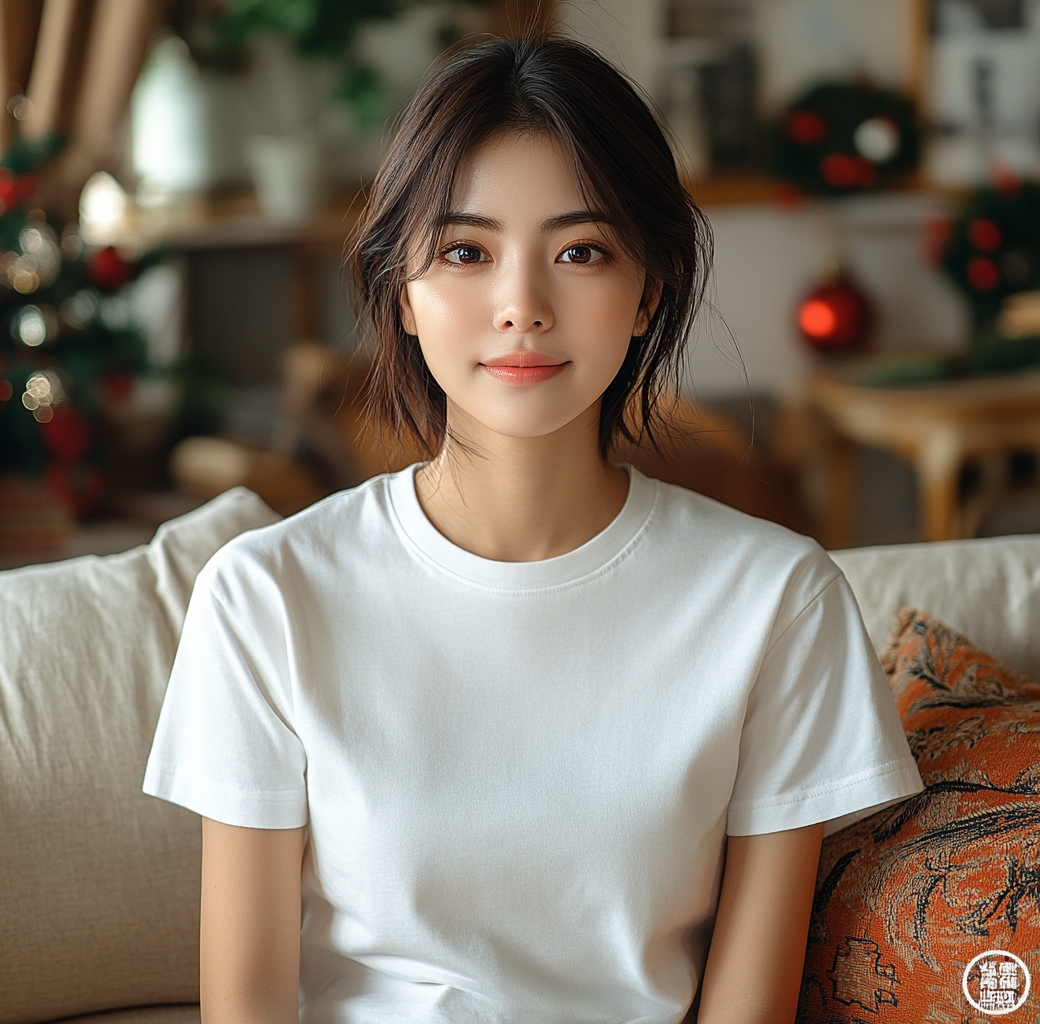 Asian woman in white t-shirt with Christmas decorations.