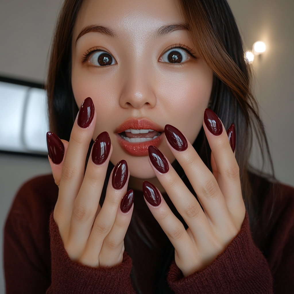 Asian woman showing glossy merlot colored almond-shaped nails.