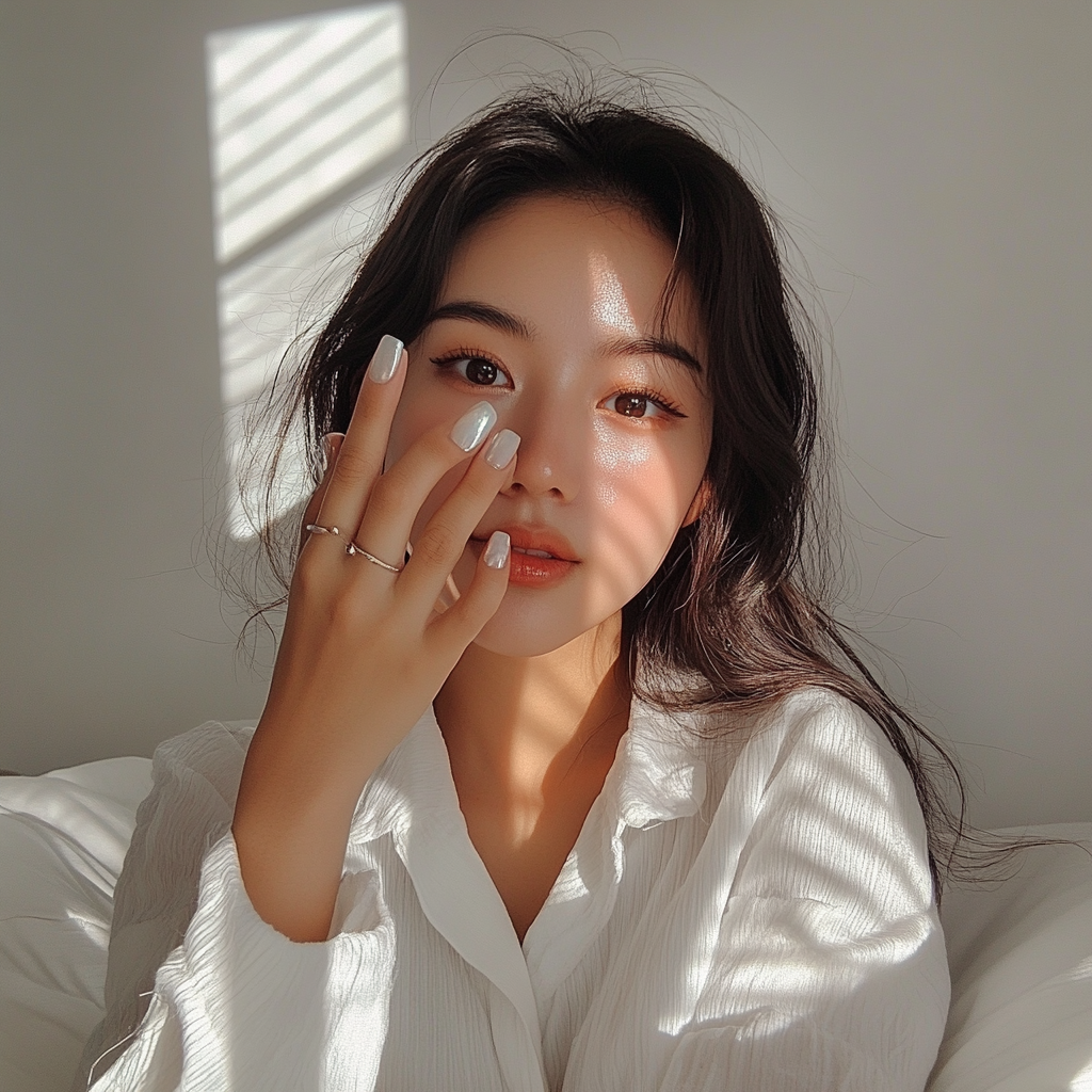 Asian woman showing glossy white iridescent nails, casual style.