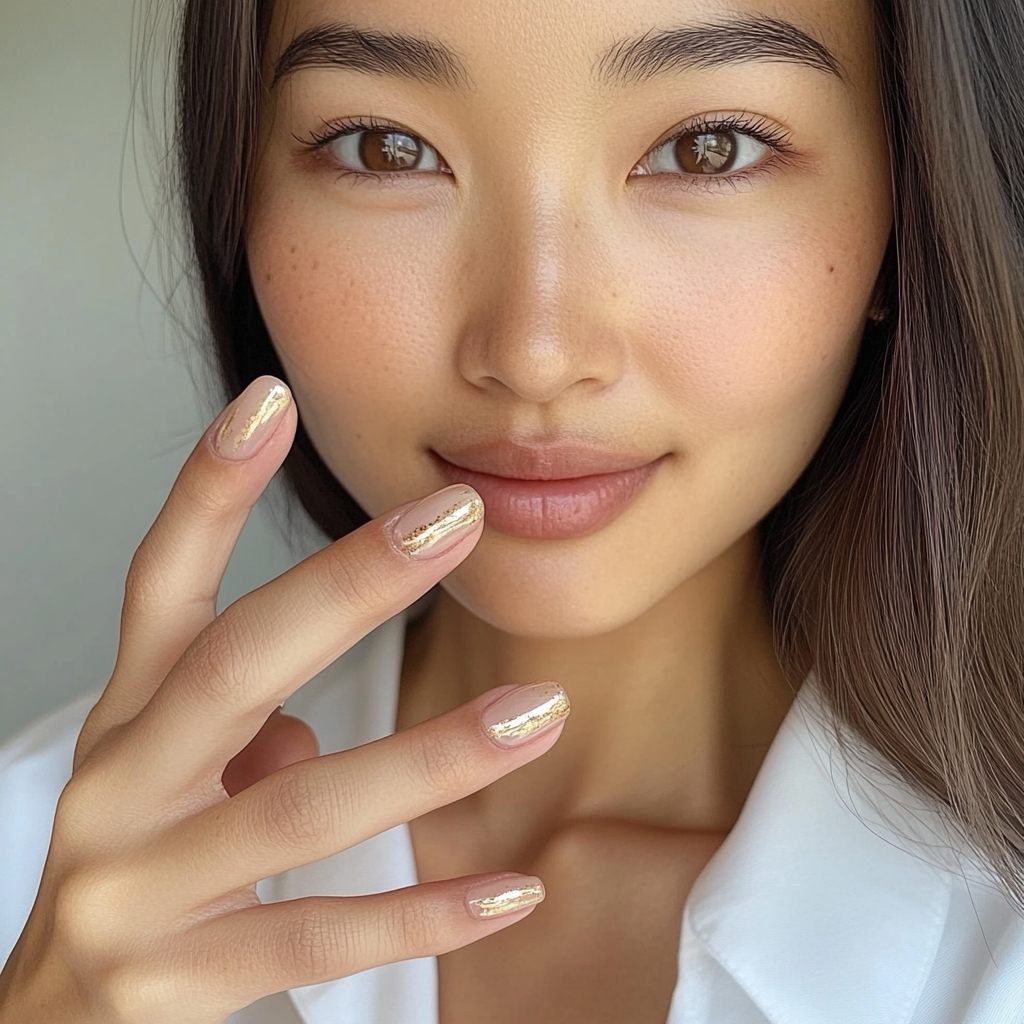 Asian woman showing new nails, gold accent line, neutral pink base, casual white top, candid photo.