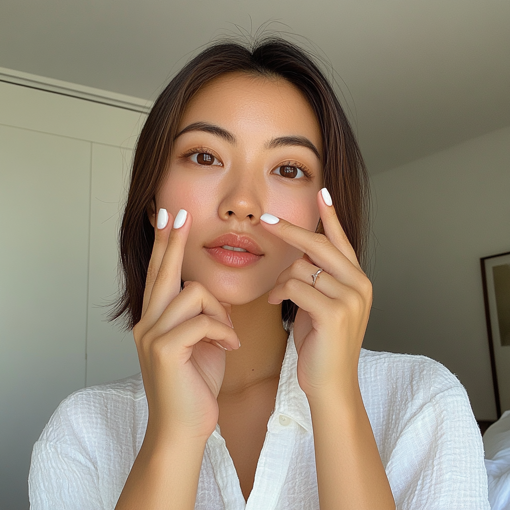 Asian woman shows off glossy white nails candidly.