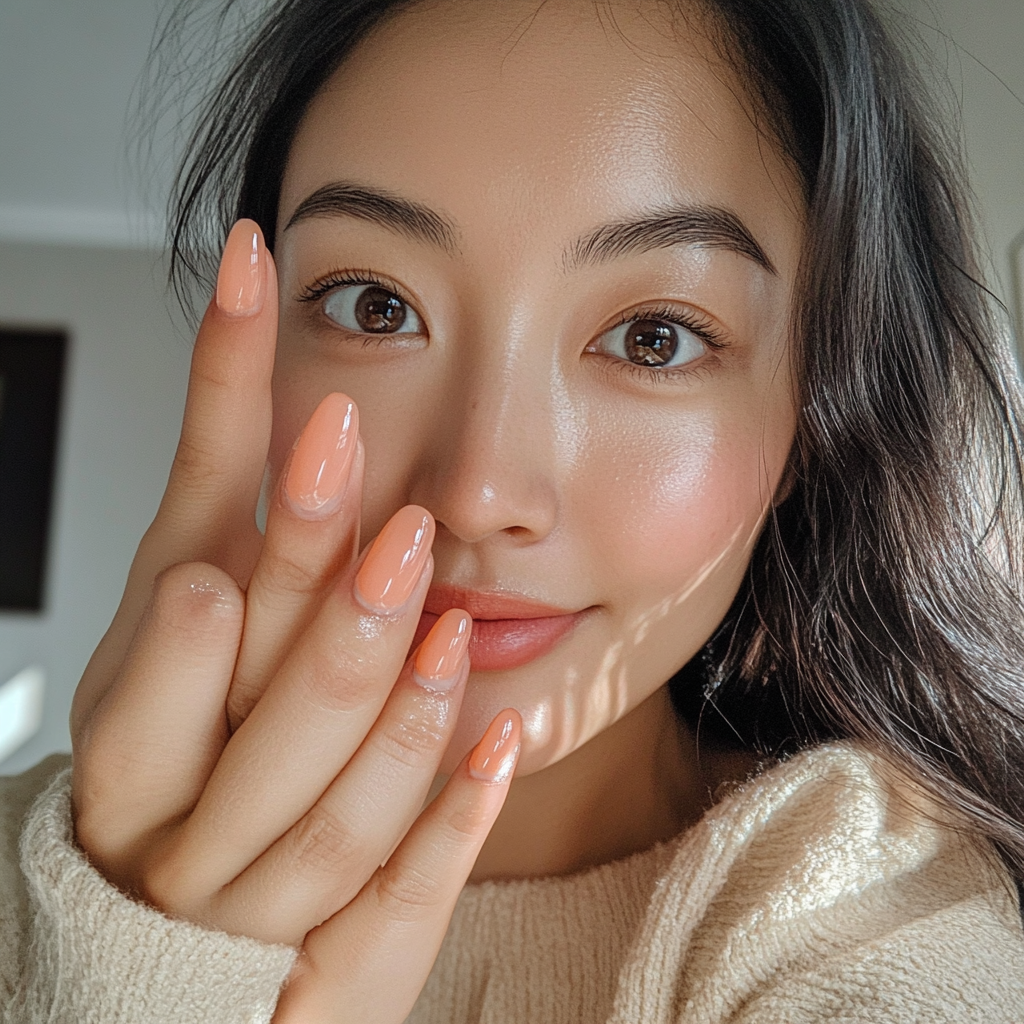 Asian woman shows off peach colored almond nails.