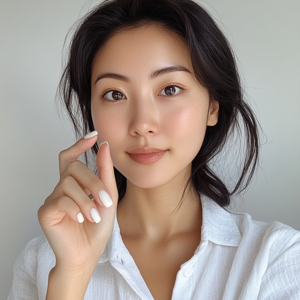 Asian woman shows off pearlescent white nails candidly.