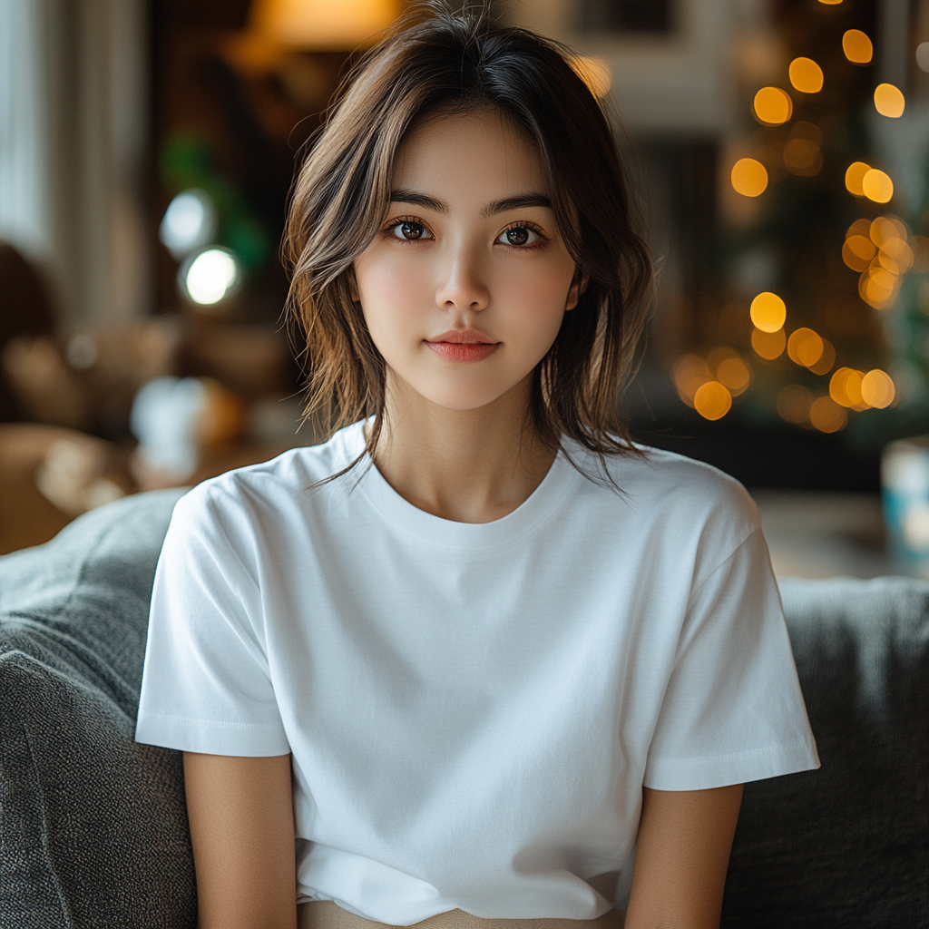 Asian woman smiling wearing white t-shirt and lounging.